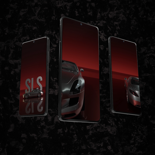 Three smartphones shown floating against a dark textured background, each displaying a red gradient wallpaper with a silver sports car. The center phone is larger and shows the front of the car, while the side phones show rear and side views.